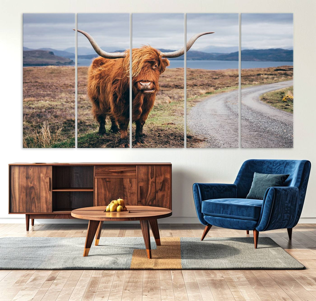 The Longhorn Highland Cow Canvas Wall Art is prominently displayed.