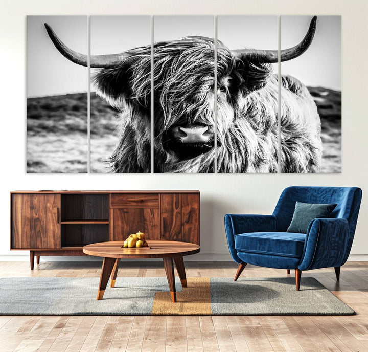 A Black and White Scottish Cow Canvas Print adorns the kitchen wall, perfect for farmhouse decor.