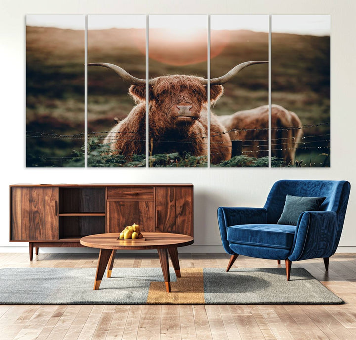 A Highland Cow Animal Canvas Wall Art, featuring a grassy field, is displayed on the wall.