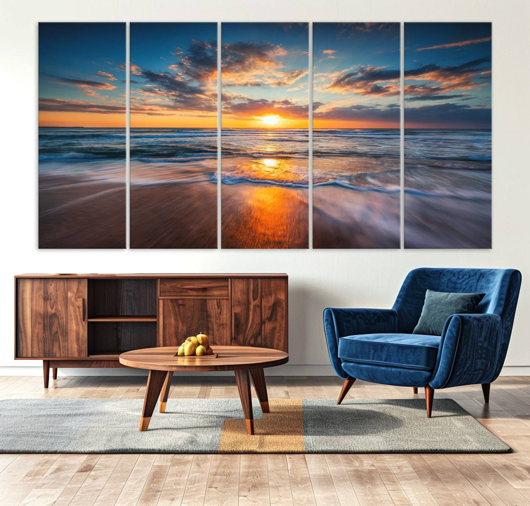 A museum-quality Beautiful Sunset over the Horizon canvas adorns the living room wall.