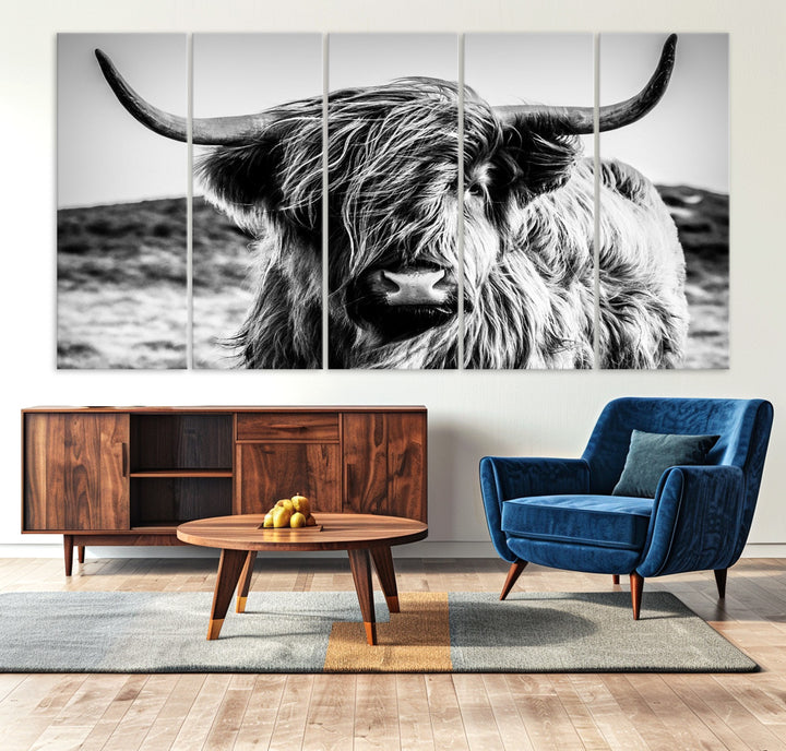 Highland Cow Wall Art | 3-Panel Black and White Highland Cow Canvas Print for Western Farmhouse Decor