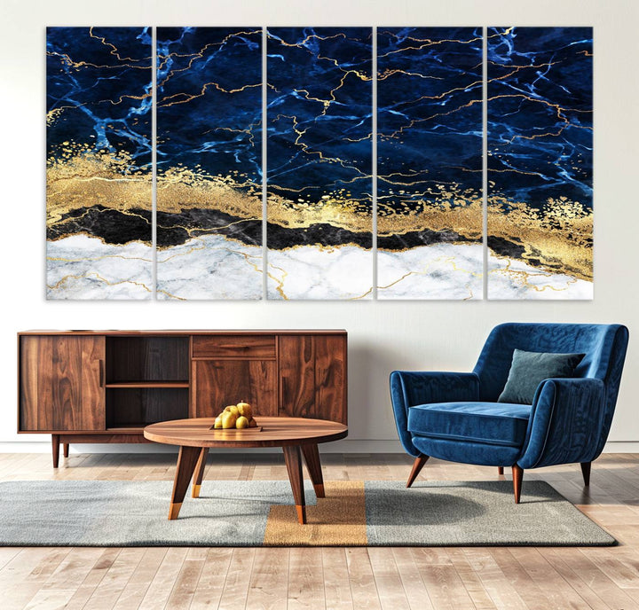 Navy Blue Marble Fluid Effect Canvas Wall Art, featuring a gold and white abstract design, adds a finishing touch to your modern kitchen decor.