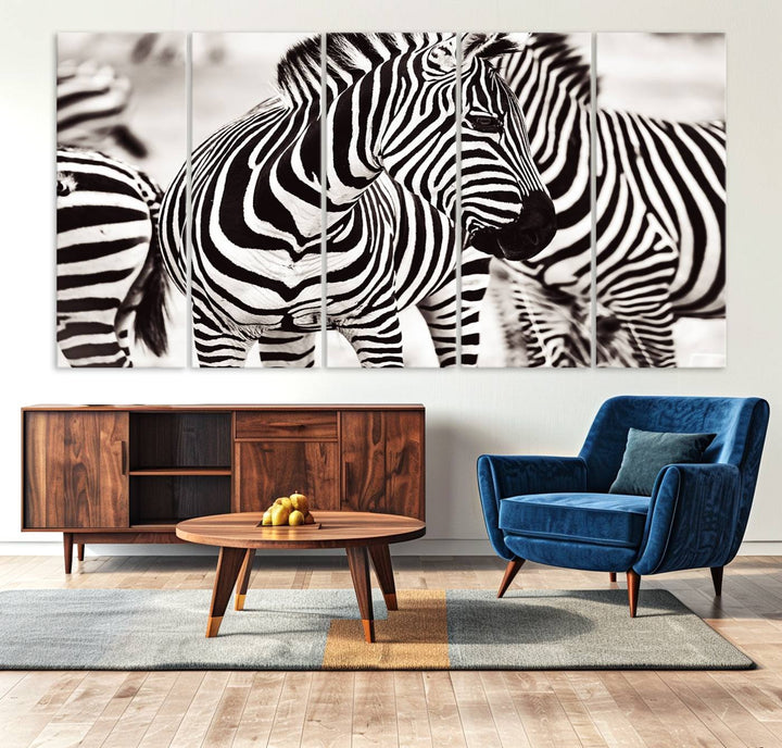 The Brilliant Zebra Photography Art Canvas Print hangs prominently on the wall.