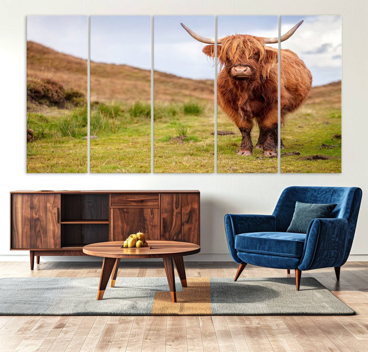 A Highland Cow Animal Canvas Wall Art hangs on the wall, adding warmth to the room.