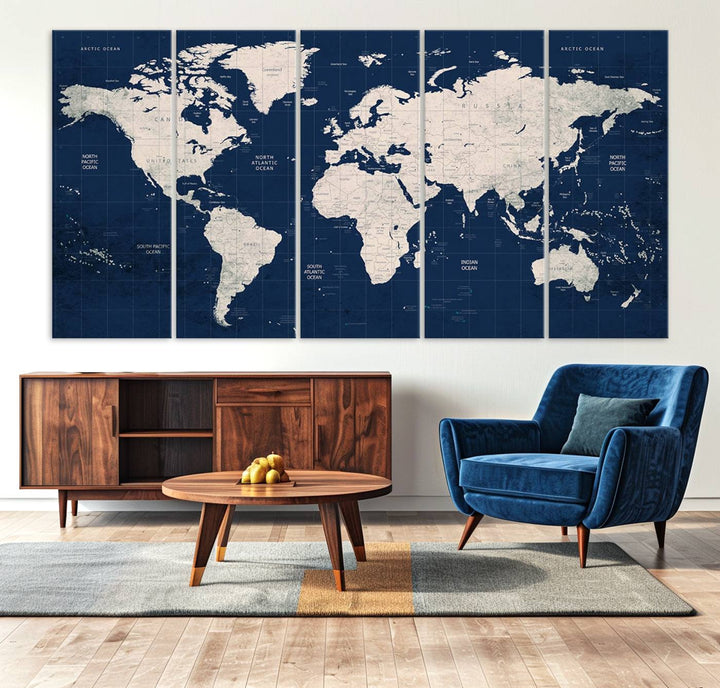 Large modern world map wall art canvas print in beige and navy; showcases a 3-panel vintage map design and is ready to hang.