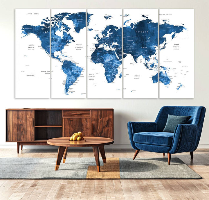 Navy Blue Wall Art World Map Canvas Print, an ideal piece for anyone seeking unique home or office decor.