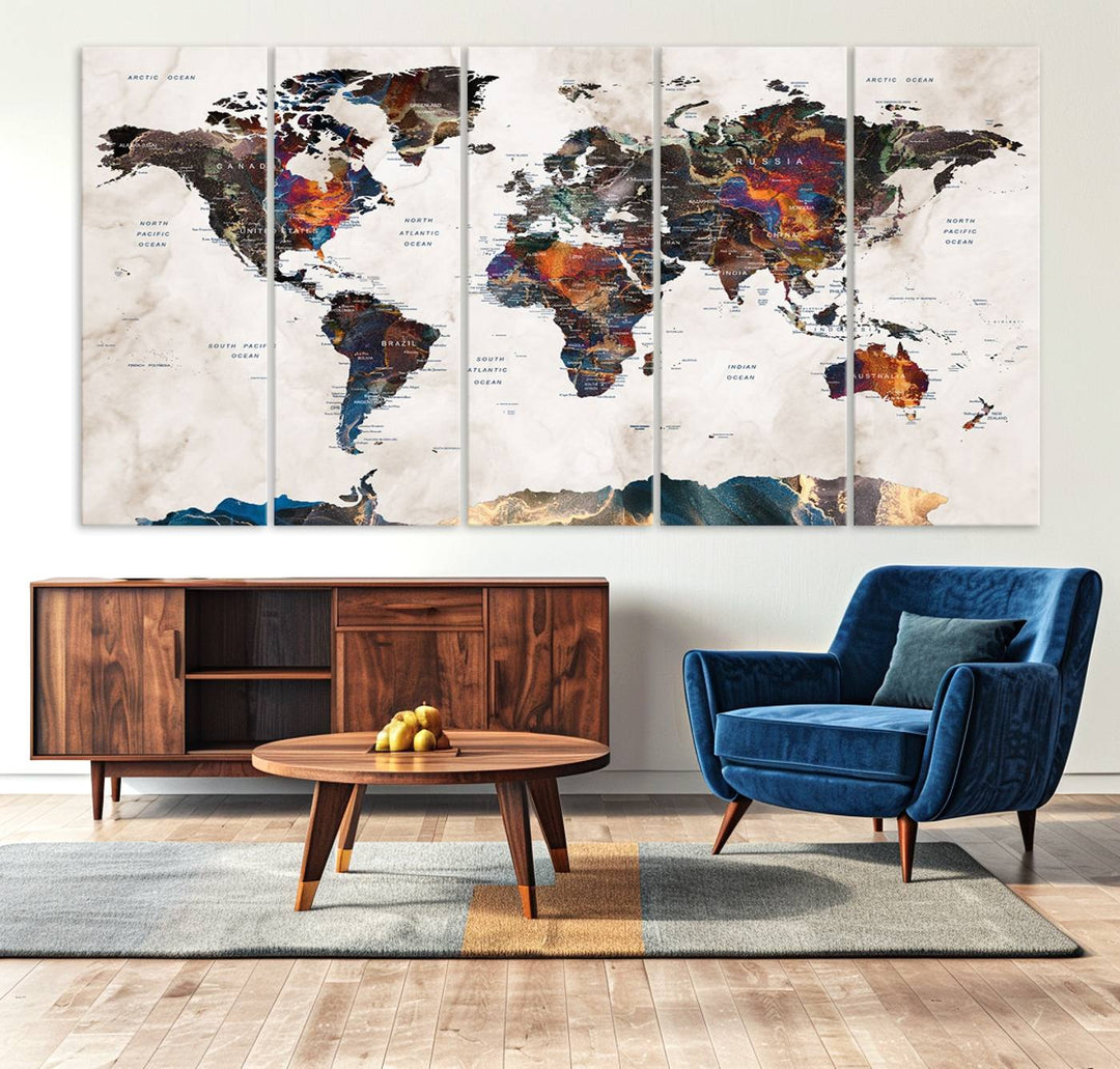 Watercolor World Map Canvas Print in earthy hues with a grunge background, ideal for wall decor.