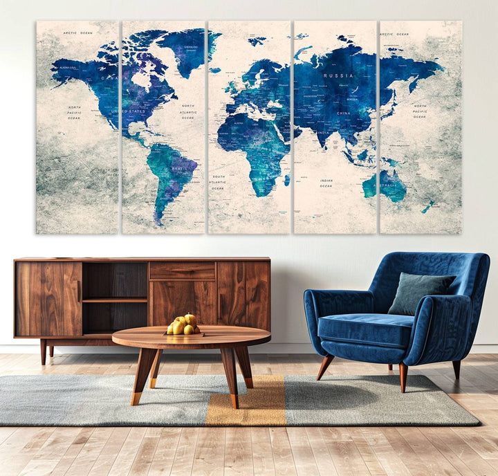 Navy Blue Push Pin World Map Canvas Print featuring a grunge-stained background, with labeled countries and oceans.