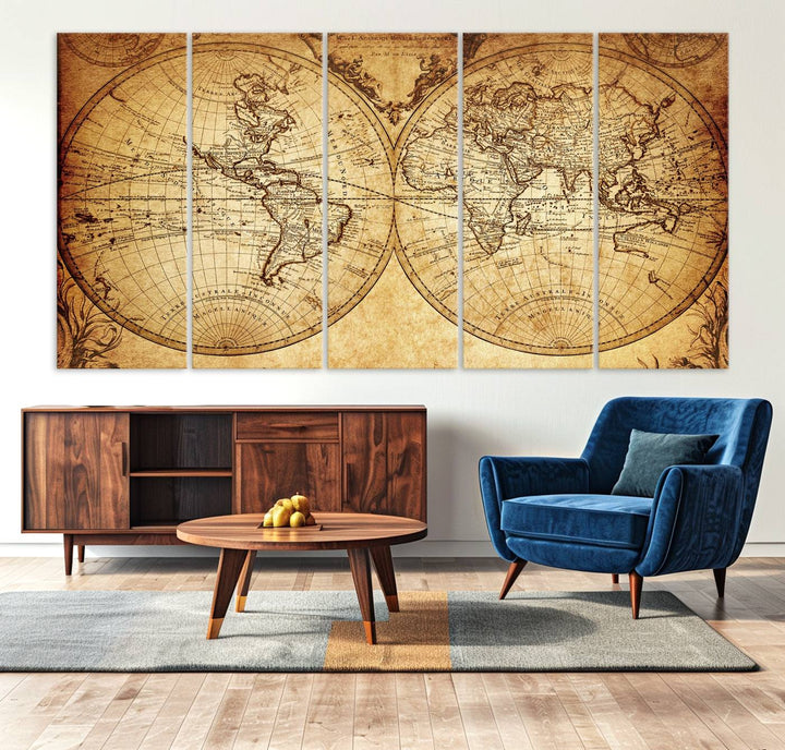 Vintage World Map Wall Art | 3-Panel Canvas Print for Living Room, Office, or Study | Giclee Canvas with Antique Design