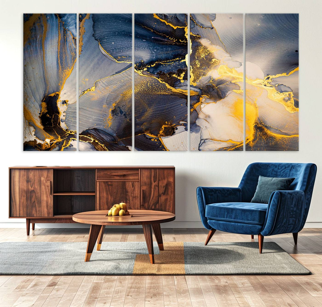 Large Abstract Wall Art Print - Gold and Blue Abstract Canvas Wall Art | Fluid Ink Modern Luxury Wall Decor for Living Room Decor