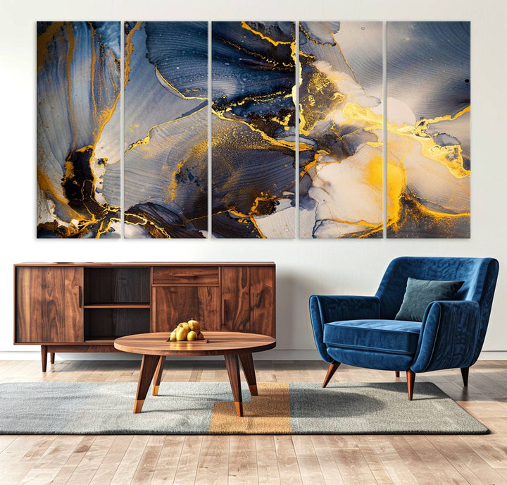 Large Abstract Wall Art Print - Gold and Blue Abstract Canvas Wall Art | Fluid Ink Modern Luxury Wall Decor for Living Room Decor