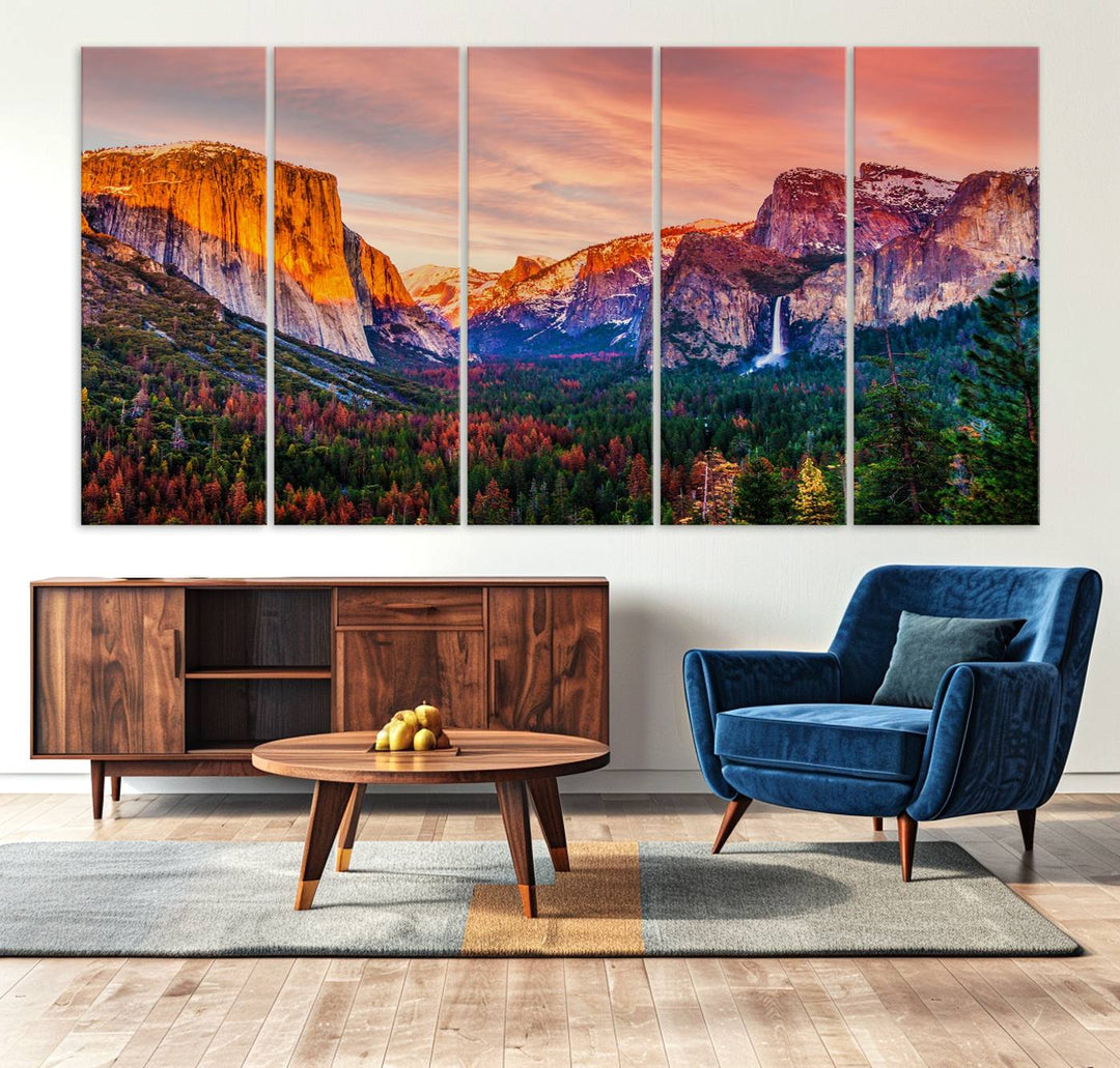 An El Capitan Yosemite Canvas showcasing a sunset over a mountain valley.