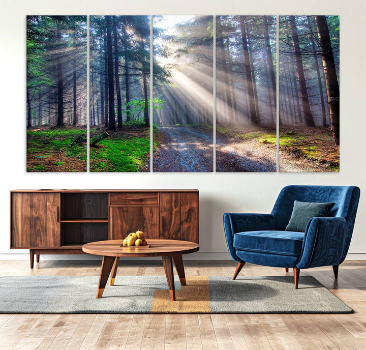 The dining area features a 3-panel Forest Path Canvas showcasing sun rays filtering through a misty forest.