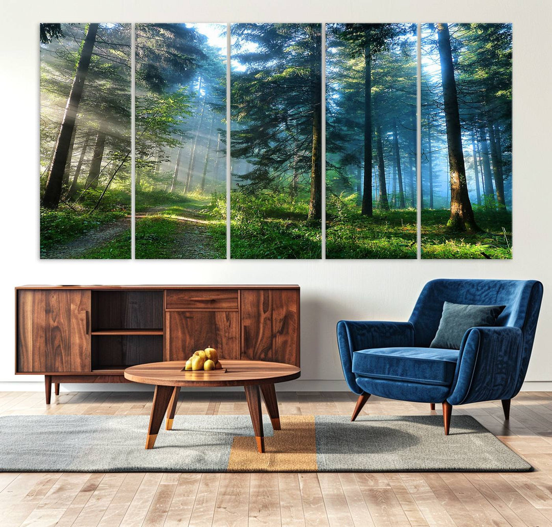 Enhancing the space is the Forest Sun Shine wall art canvas print, showcasing a serene forest scene.