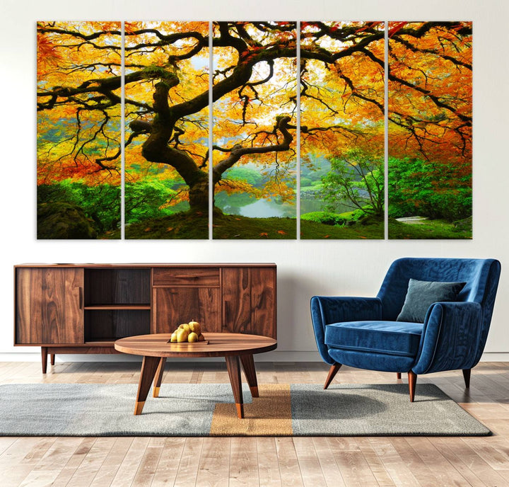 The Portland Japanese Maple Tree Canvas adds elegance to a modern living room.