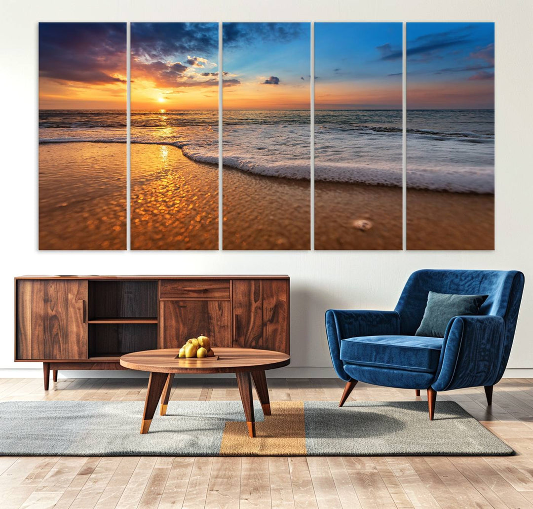 The Golden Sunset Beach Waves Triptych adds a modern coastal touch with its stunning seascape.