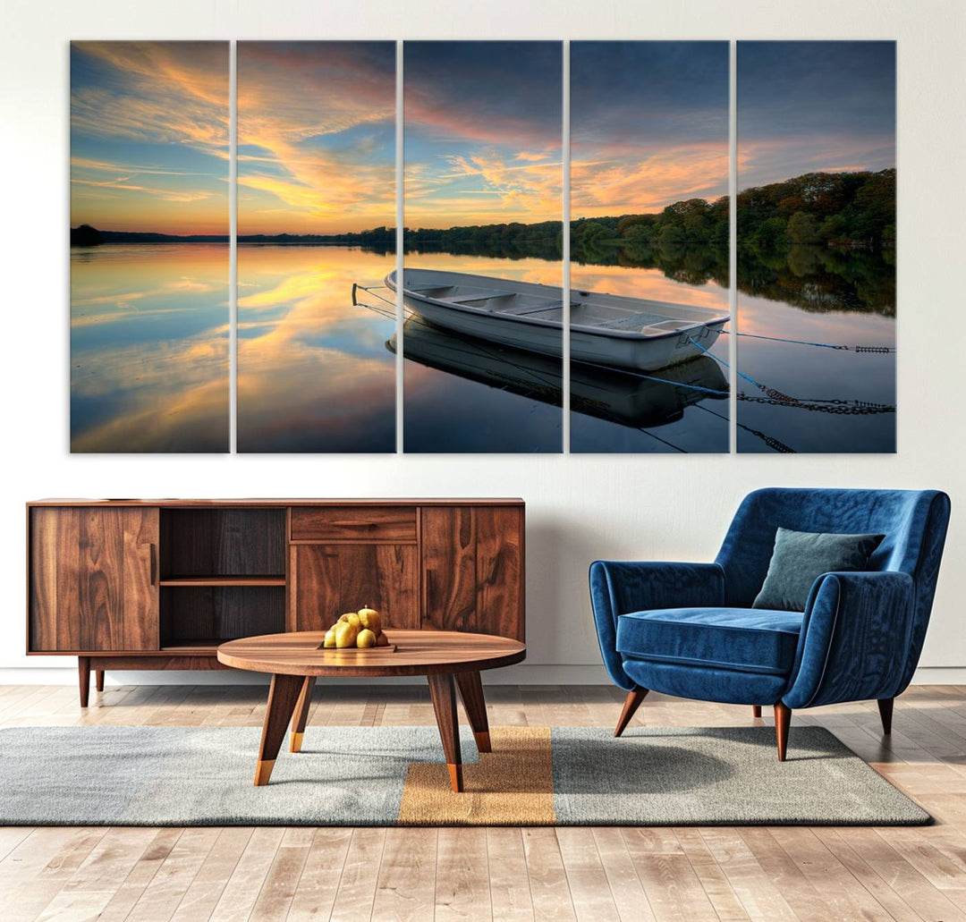 Serene Rowboat on Calm Lake Triptych Canvas Art, Giclee Wall Art of Peaceful Sunset Reflections, Tranquil Landscape Wall Art for Home or Office