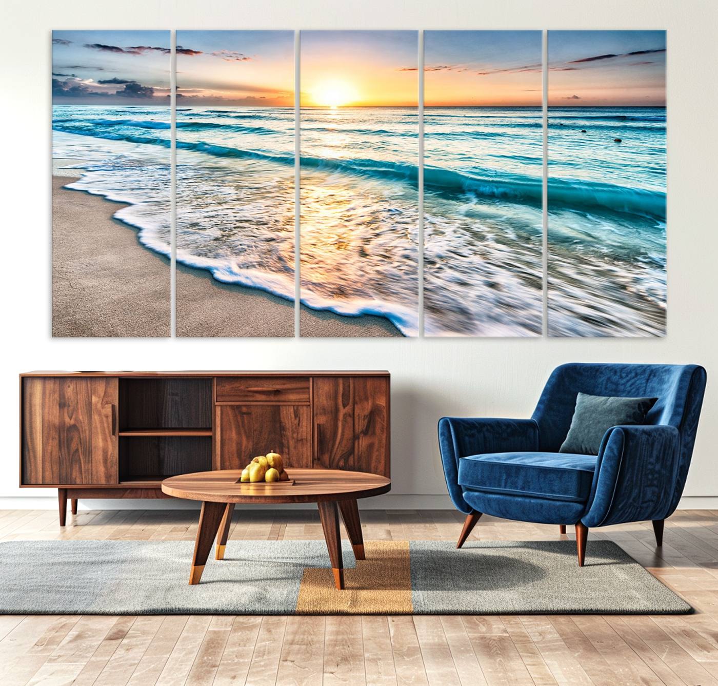 27815-MGV-CV-36X24-Sunset Beach Waves Canvas Wall Art – 5-Panel Ocean Sunset Print – Coastal Decor for Living Room or Bedroom – Ready to Hang