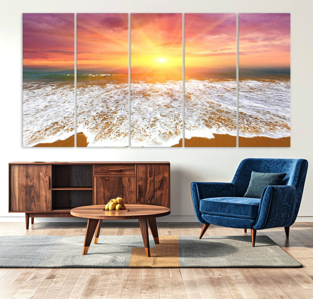 Golden Beach Sunrise 3-panel canvas art of ocean waves, hung on a wooden wall.