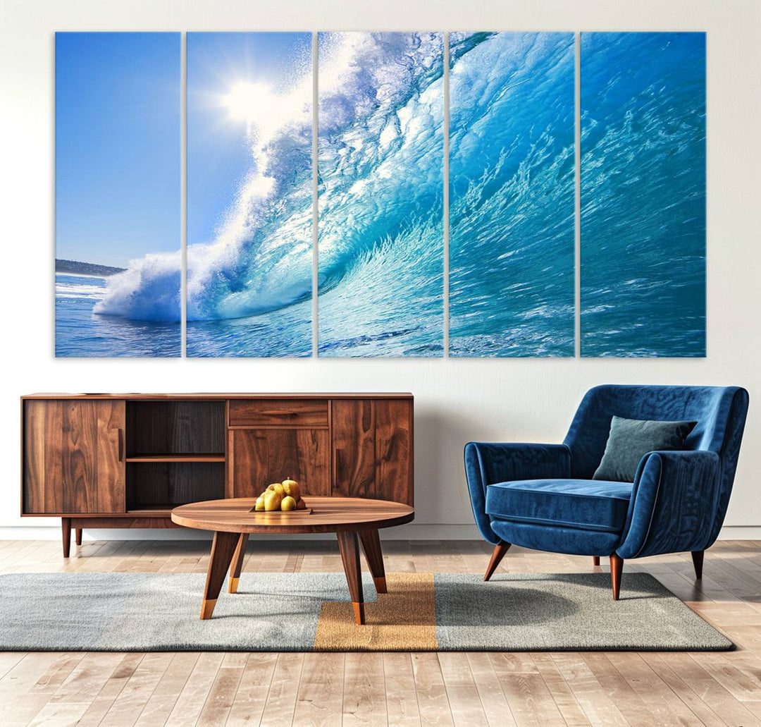 Blue Big Wave Surfing Ocean Canvas Wall Art Artwork Print , Surf Wall Art, Sea Wall Art