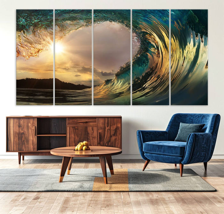 Golden Wave Sunset Giclee Canvas Print – Large Coastal Wall Art for Nature Lovers, Captivating Ocean Wave Decor