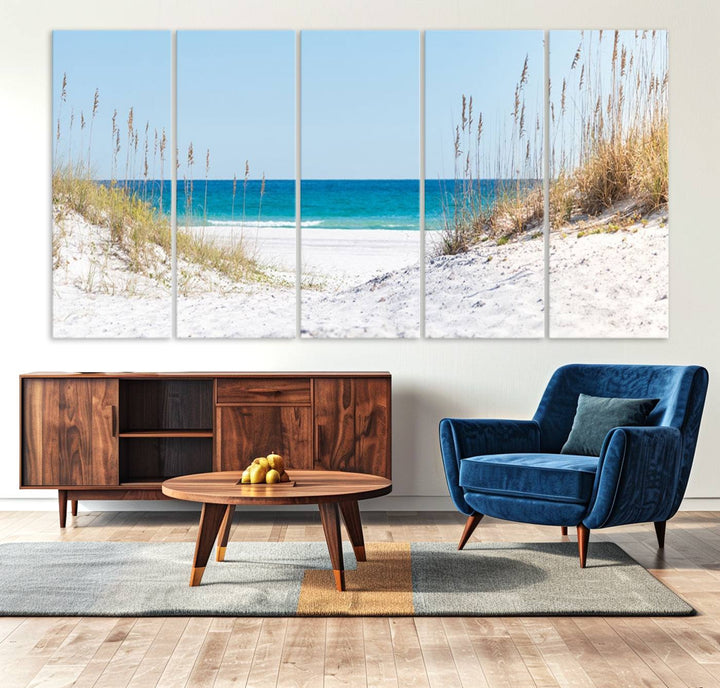 Serene Coastal Dune Path with Ocean View, 3-Panel Beach Canvas Art; tranquil seascape for coastal decor.