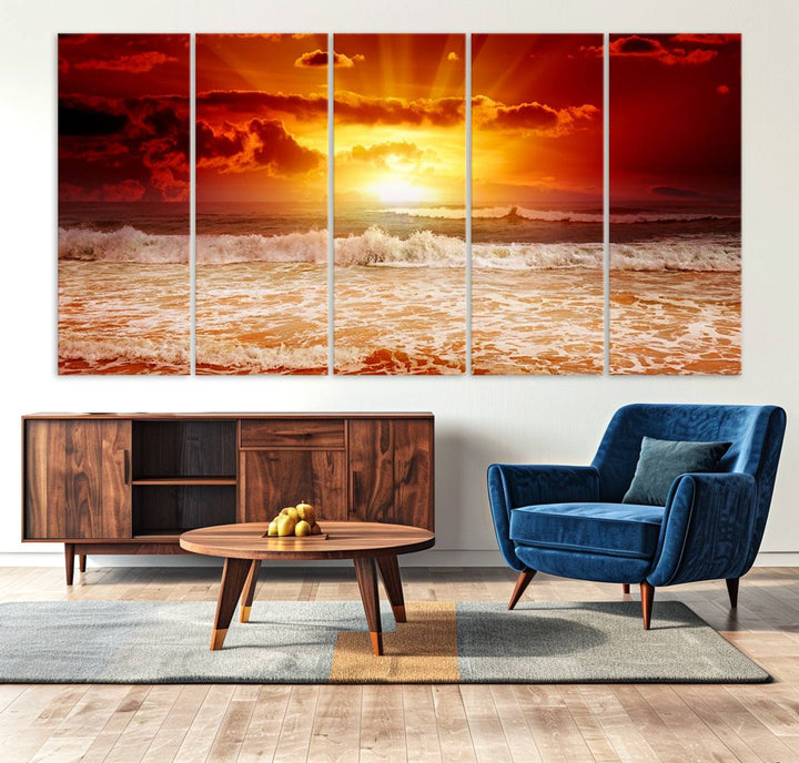 The Red Sunset Ocean Beach Canvas depicts ocean waves.