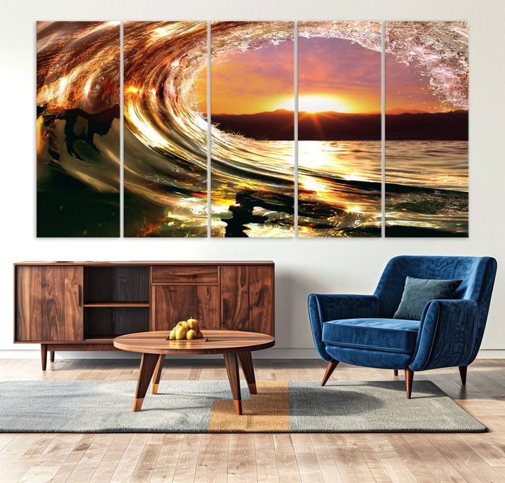 The Golden Wave Sunset Triptych Canvas Art showcases an ocean wave at sunset, casting warm light.