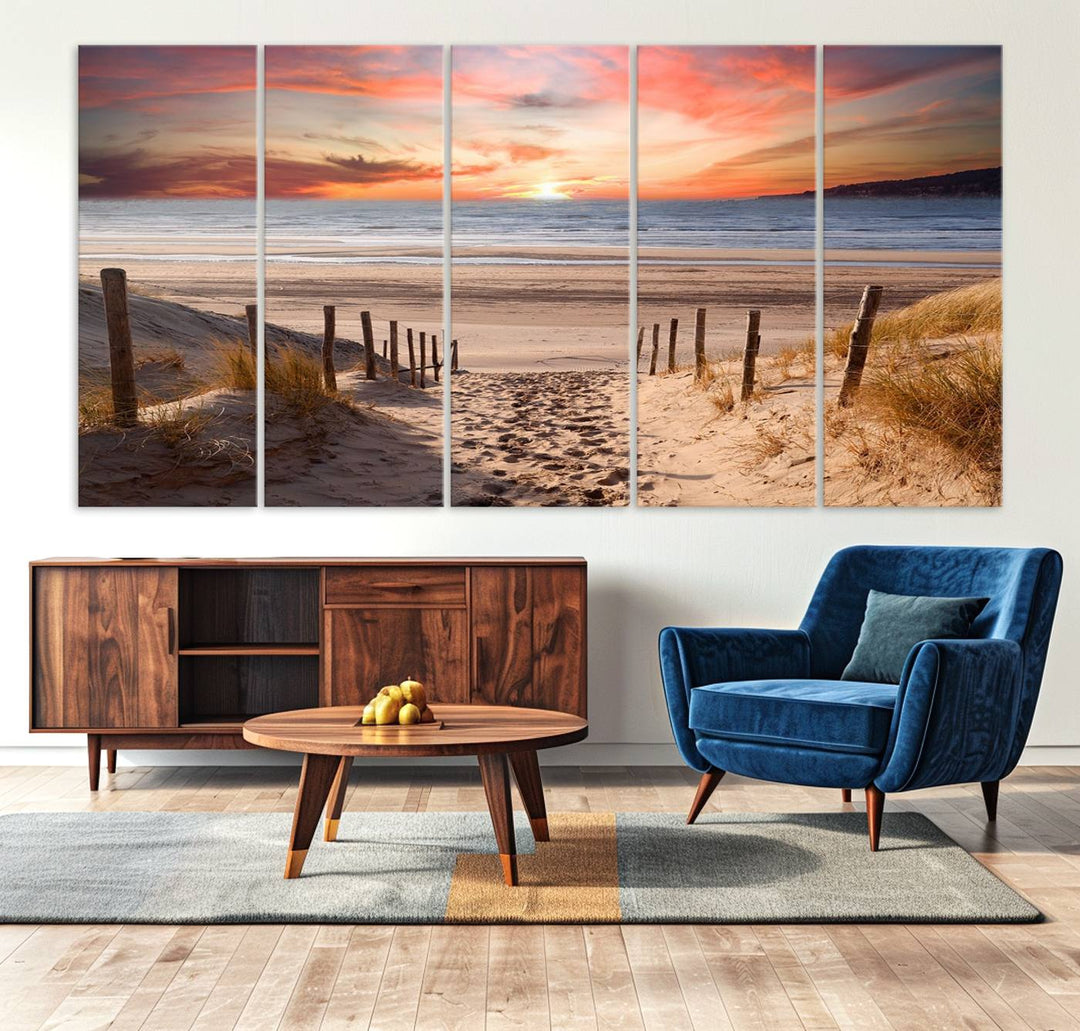 Serene Beach Path Sunset Canvas, Coastal Sand Dunes Wall Art, Vibrant Sunset, Ocean Seascape Triptych, Giclee Print on Canvas, Gallery Wrap Decor