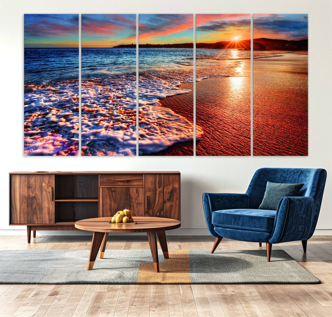 The Colorful Coastal Sunset on the Beach canvas print portrays ocean waves at dusk.