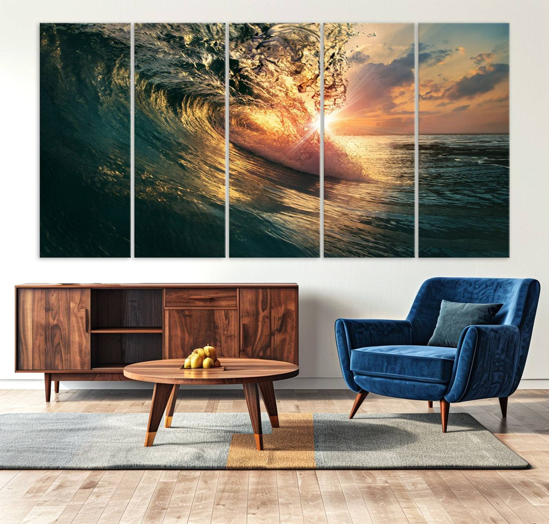 A triptych seascape titled Ocean Wave Sunset Canvas, featuring a stunning ocean view at sunset, is beautifully framed and ready to hang.