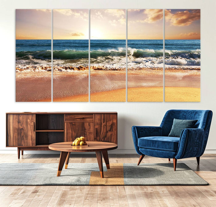 The wall features a Canon-quality Serene Beach Path canvas giclee print, depicting coastal dunes.