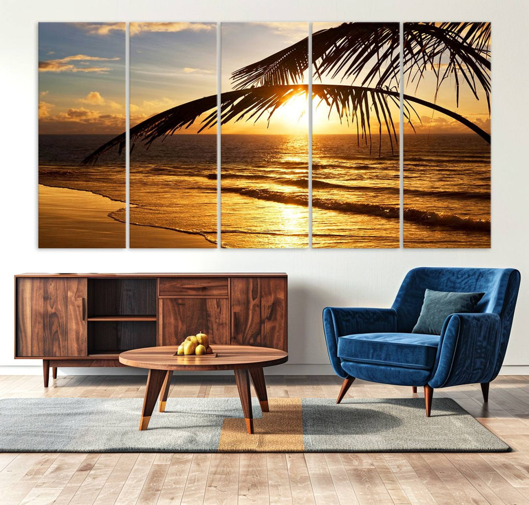 Golden Tropical Beach Sunset Canvas Triptych: Coastal Palm Art & Giclee Print with Gallery Wrap, capturing golden waves.