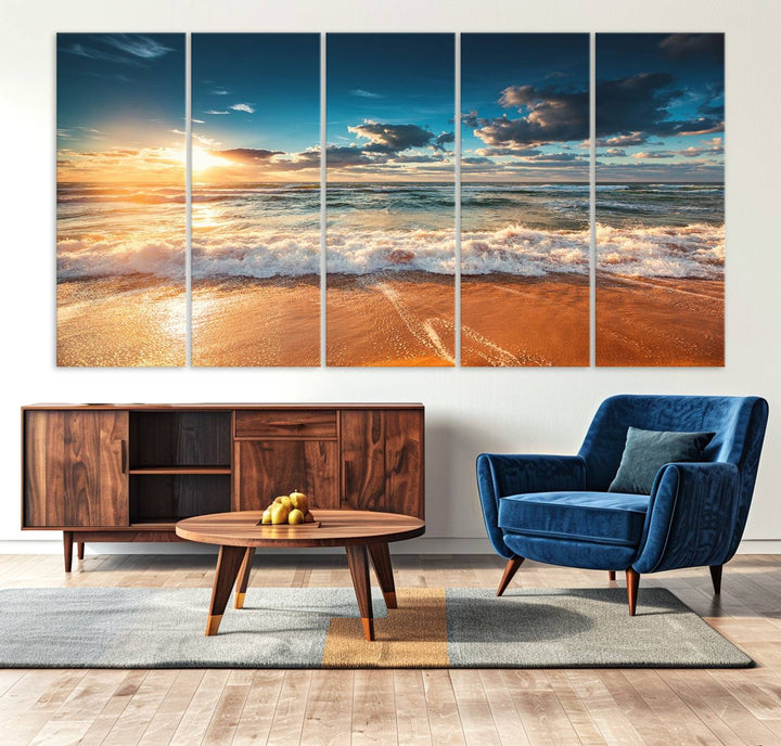 A Golden Sunset Beach Triptych Canvas Art hangs on a white wall.