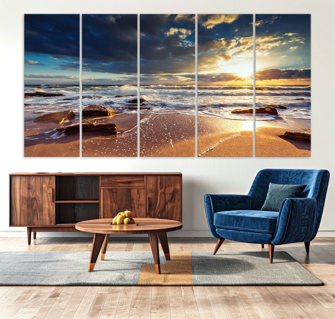 The Golden Hour Beach Sunset triptych adorns the wall with its captivating imagery.