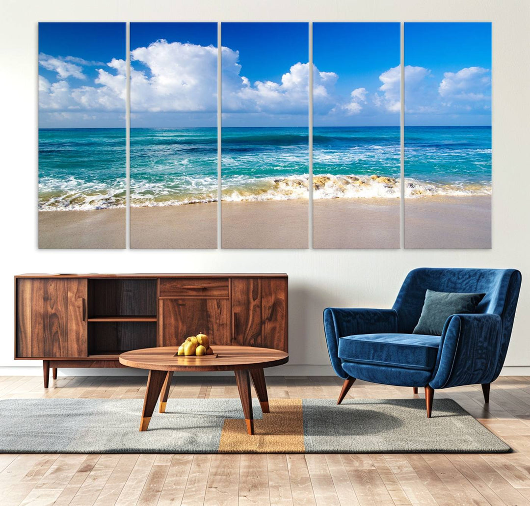 Tropical Beach 3-Panel Canvas Wall Art – Serene Ocean Waves and Blue Sky – Giclée Print for Living Room, Office, or Bedroom Coastal Decor