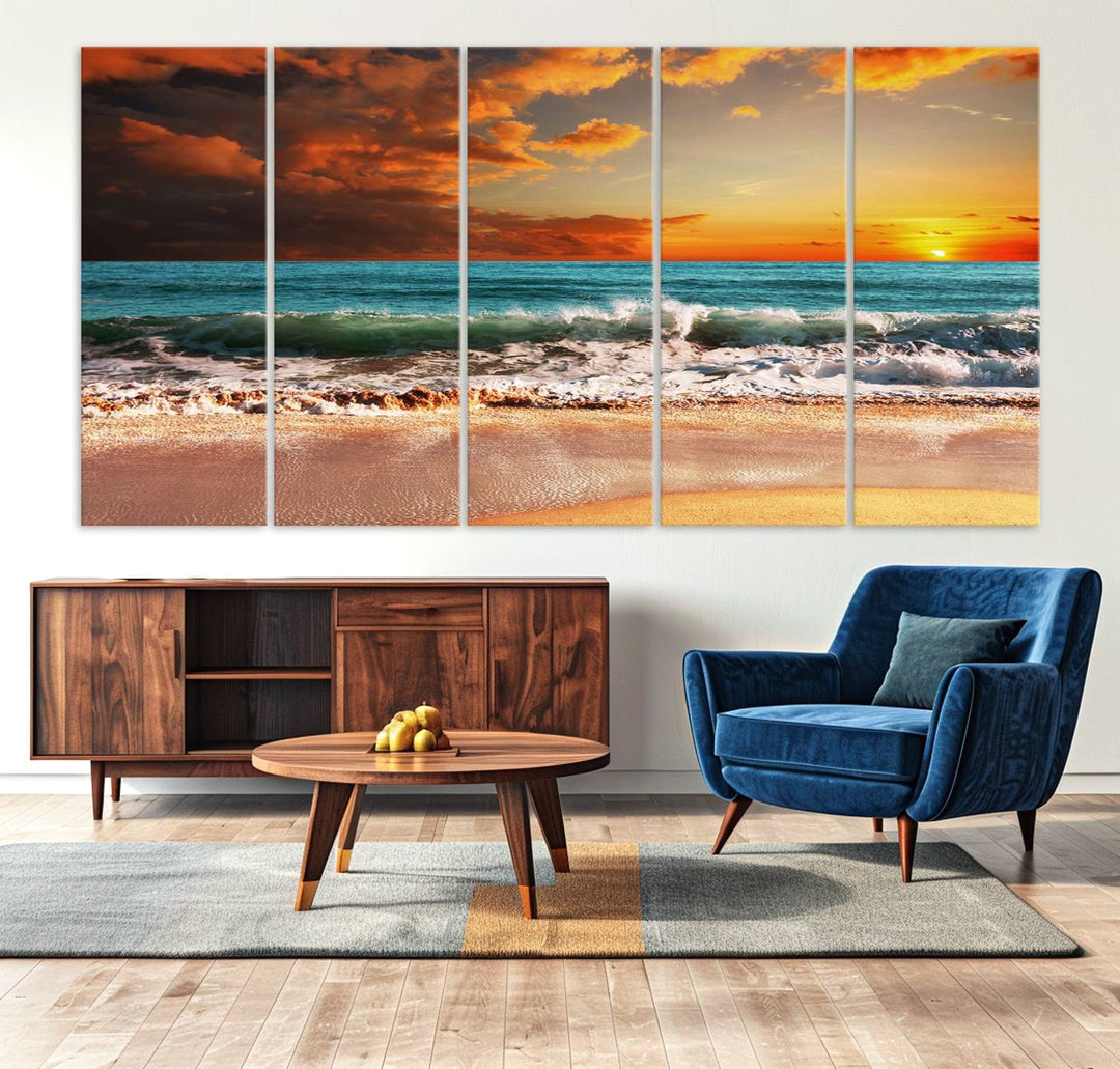 A Golden Sunset Beach triptych seascape canvas hangs on the wall.