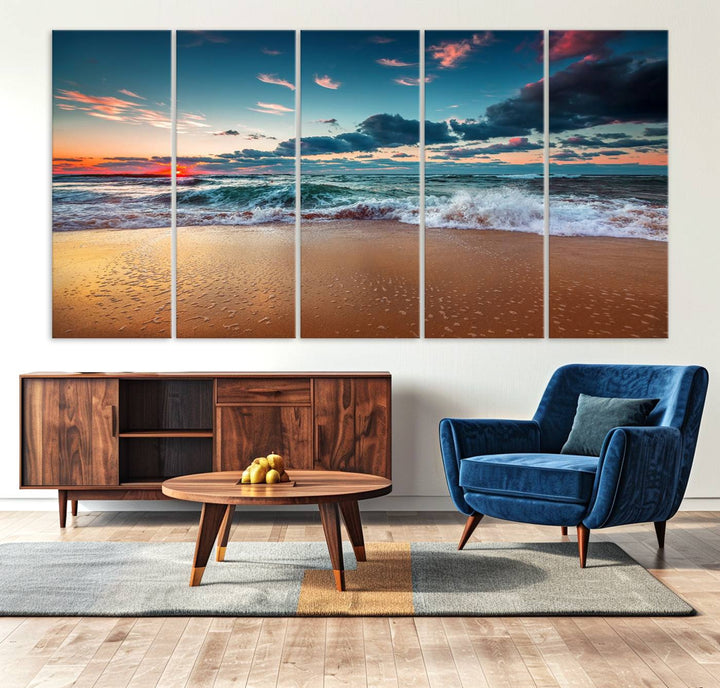 Sunset on Beach Wall Art: Waves under a vibrant sky. Crafted on museum-quality canvas, ready to hang and admire.