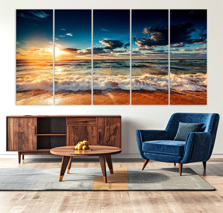 Golden Hour Sunset Over Ocean Waves Canvas: 3-Panel Coastal Landscape Art with Stunning Beach Photography Print.