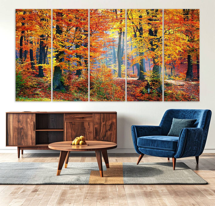 The room features an Autumn Red Forest Triptych Canvas Wall Art.