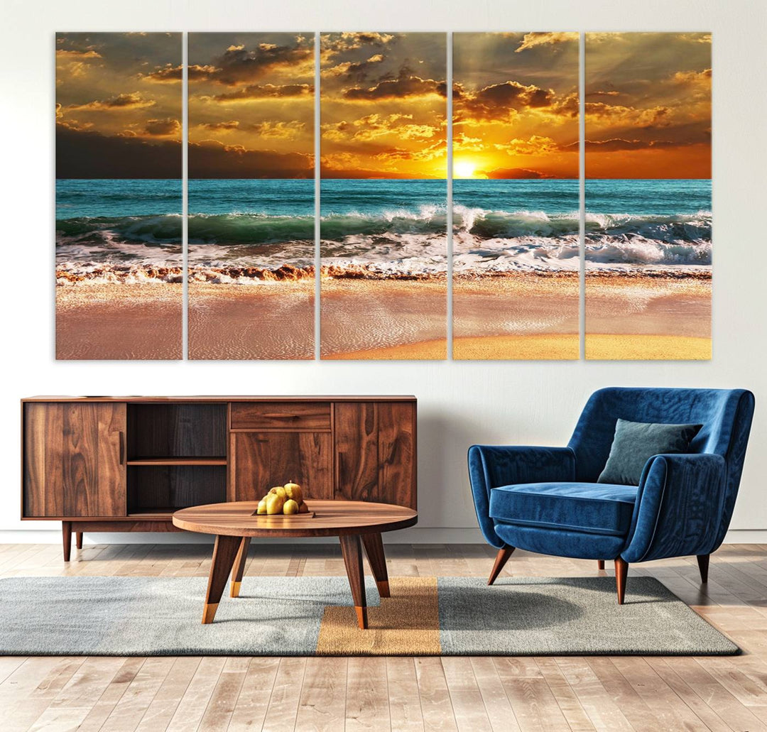 Golden Sunset Beach Canvas Triptych adorns the cozy room, creating a stunning focal point.