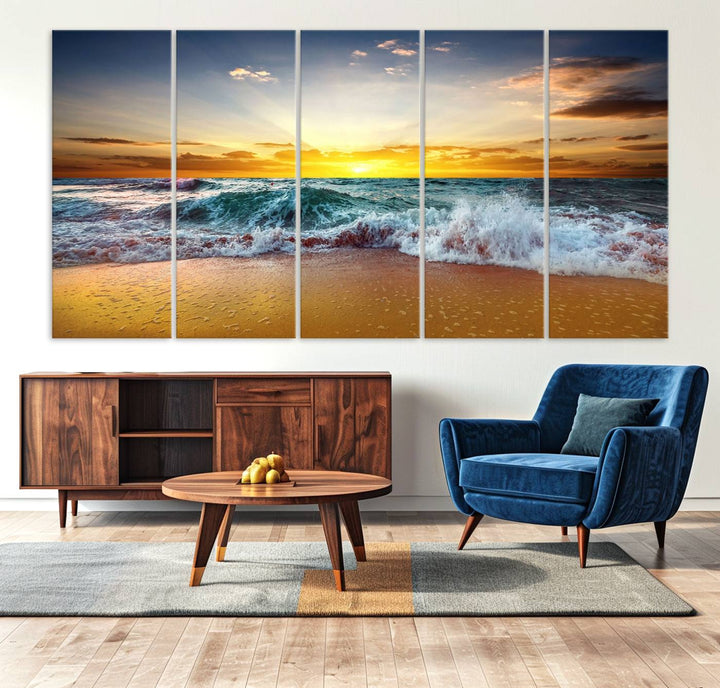 The kitchen features the Golden Sunset Ocean Waves multi-panel coastal wall art canvas.