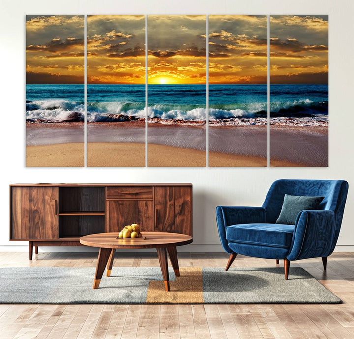 The Ocean Sunrise Over Golden Beach Waves wall art is prominently displayed, capturing the serene beauty of a beach at sunrise.