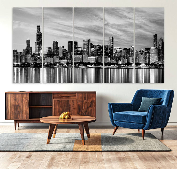 The Chicago City Cloudy Skyline Canvas Print hangs prominently.