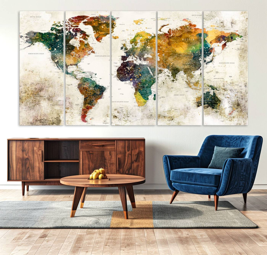 A 3-panel vintage world map canvas art is displayed.