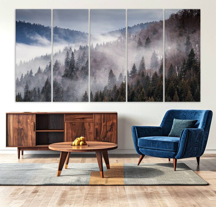 A museum-quality canvas of Beautiful Rising Fog in Winter Mountain Landscape hangs on the wall.