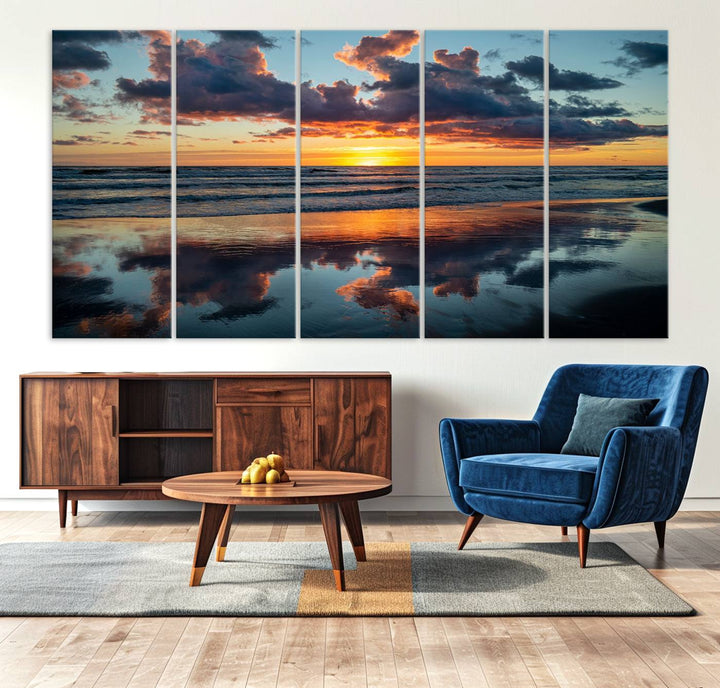 A Beach Sunset Print - Stunning Ocean Canvas Artwork adorns the wall.