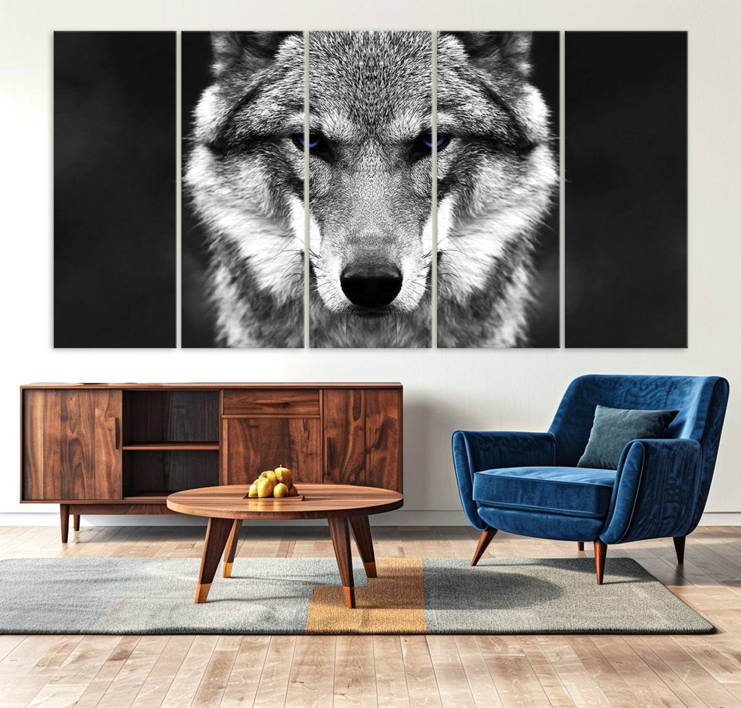 A ready-to-hang Black and White Wild Wolf Wall Art Canvas Print.