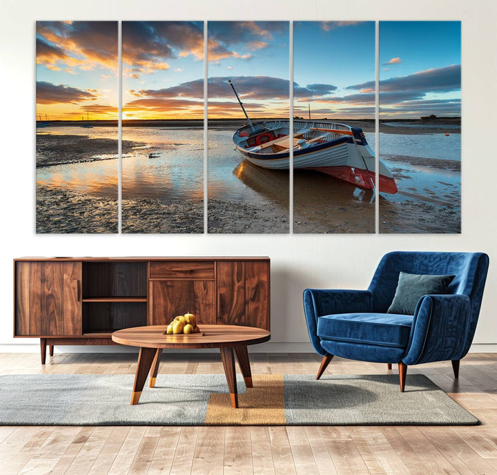 The Small Boat At The Beach Sunset wall art canvas print features UV coating, is museum-quality, and is ready to hang.