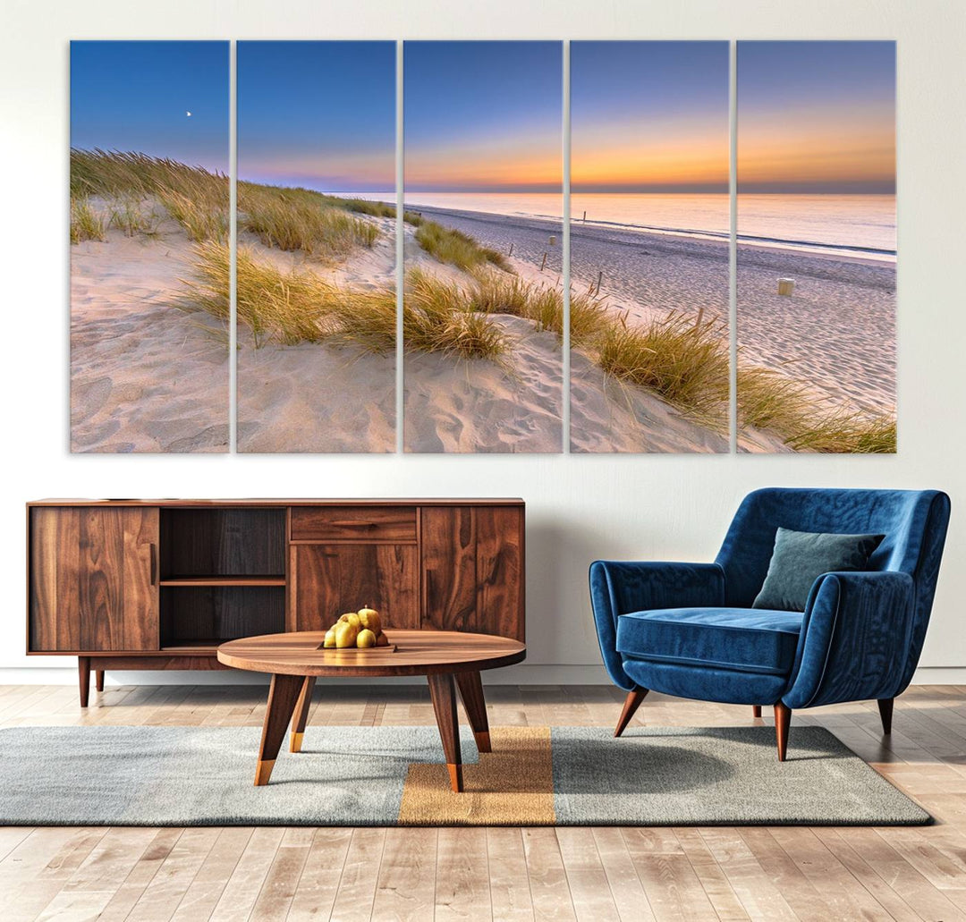 The cozy kitchen features the Sunrise On The Beach canvas art.